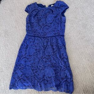 Miami Lace Mini Dress High Neck Cap Sleeve Fit Flare Royal Blue Size S